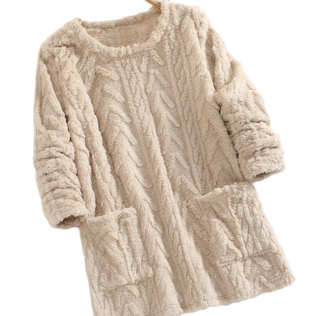 Teddy Fleece Jacquard Long-sleeve Casual Sweatshirt For Autumn And Winter Fluffy And Warm With Pocket Hood