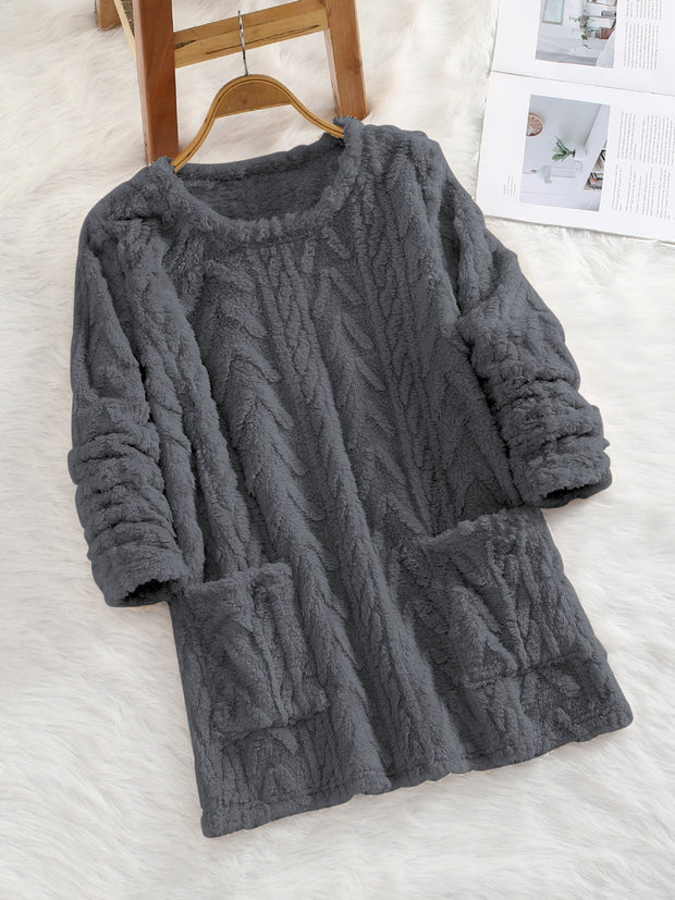 Teddy Fleece Jacquard Long-sleeve Casual Sweatshirt For Autumn And Winter Fluffy And Warm With Pocket Hood